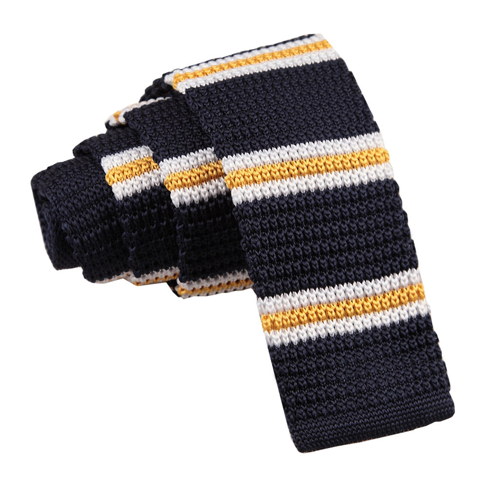 Knitted 3 Thin Stripe Skinny Tie - Knitted Black with Yellow and White Thin Stripe - Well Dapper