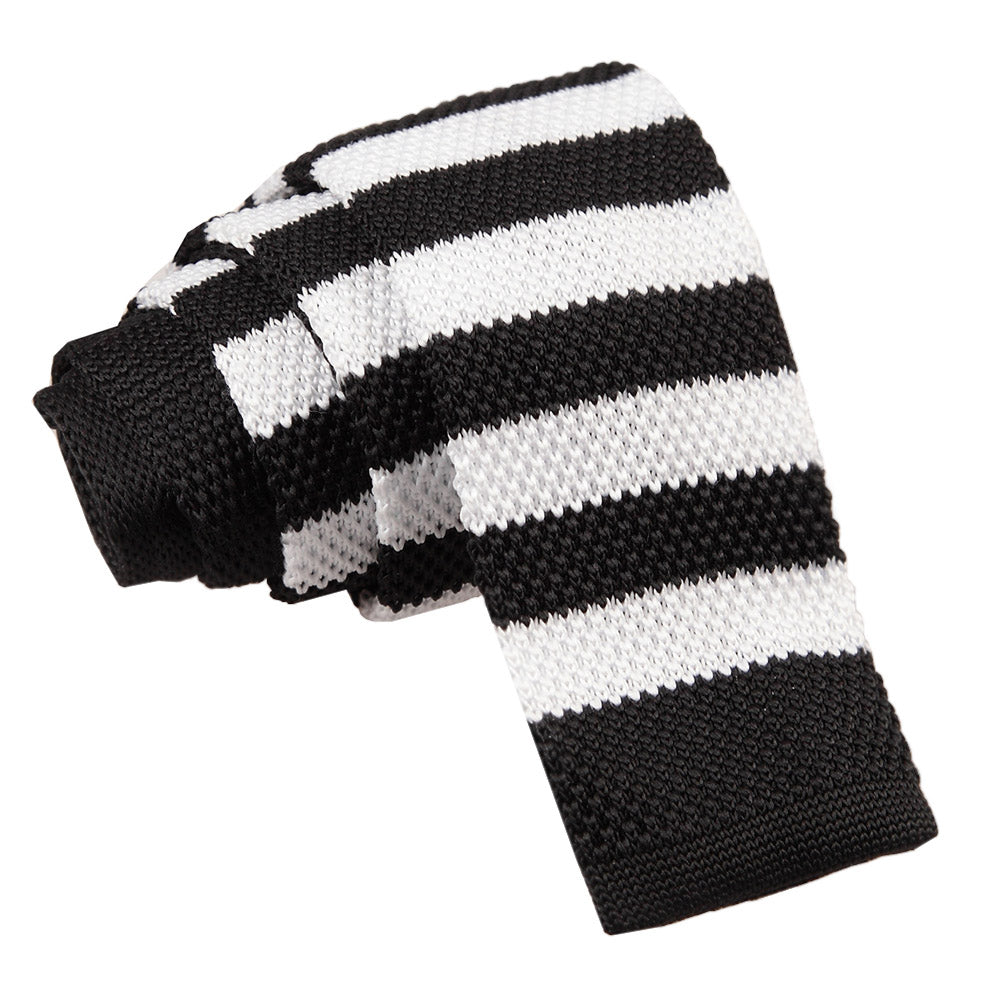 Black and White Knitted Striped Skinny Tie