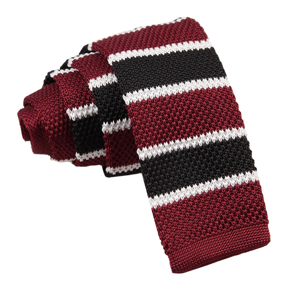 Knitted Burgundy Knitted Stripe with 2 Borders Skinny Tie