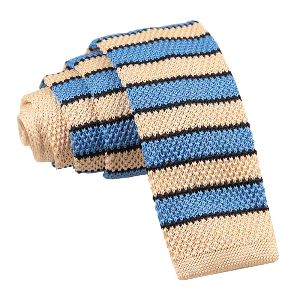 Knitted Stripe with 2 Borders Skinny Tie - Knitted Royal Blue, Cream with White Thin Stripe - Well Dapper