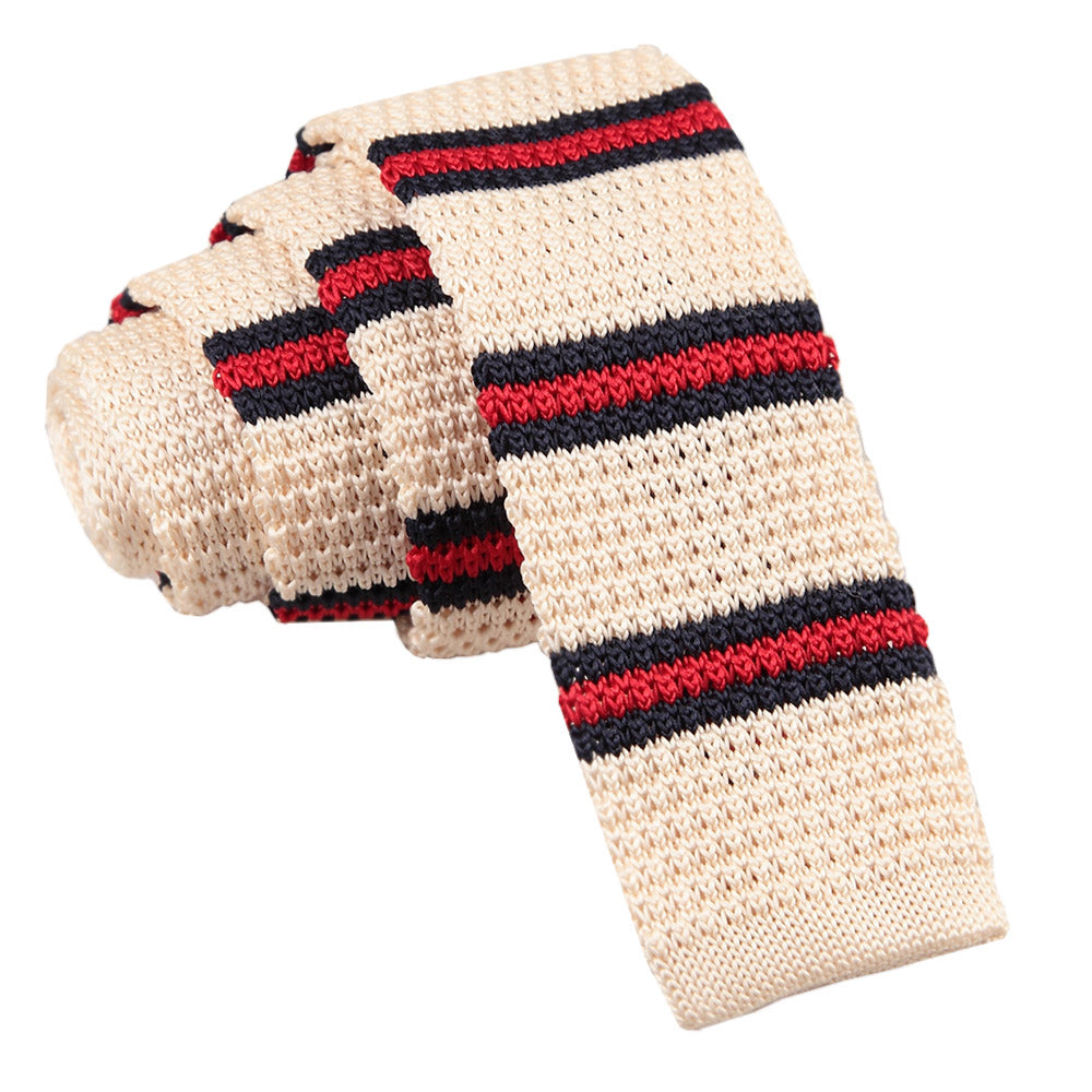 Knitted Cream with Red and Navy Thin Stripe Knitted 3 Thin Stripe Skinny Tie