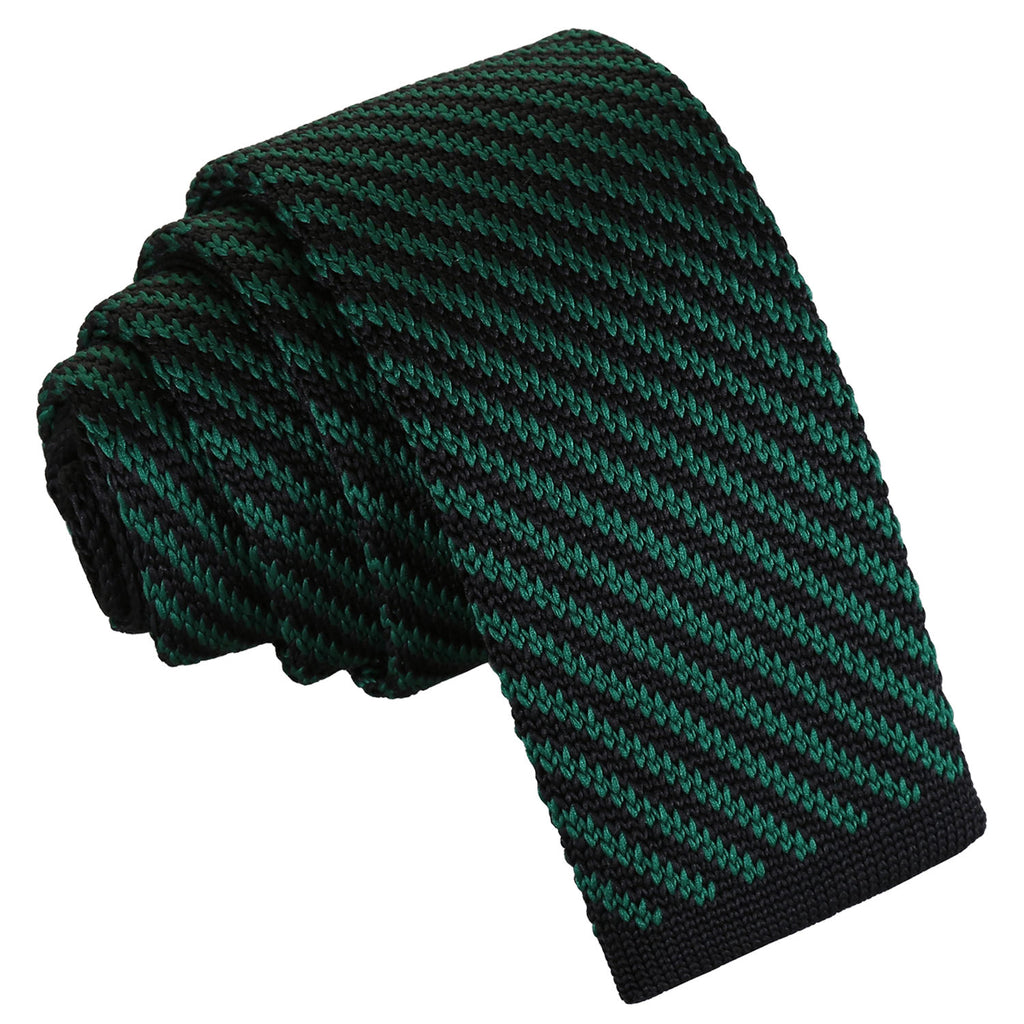 Black and Green Diagonal Stripe Knitted Skinny Tie