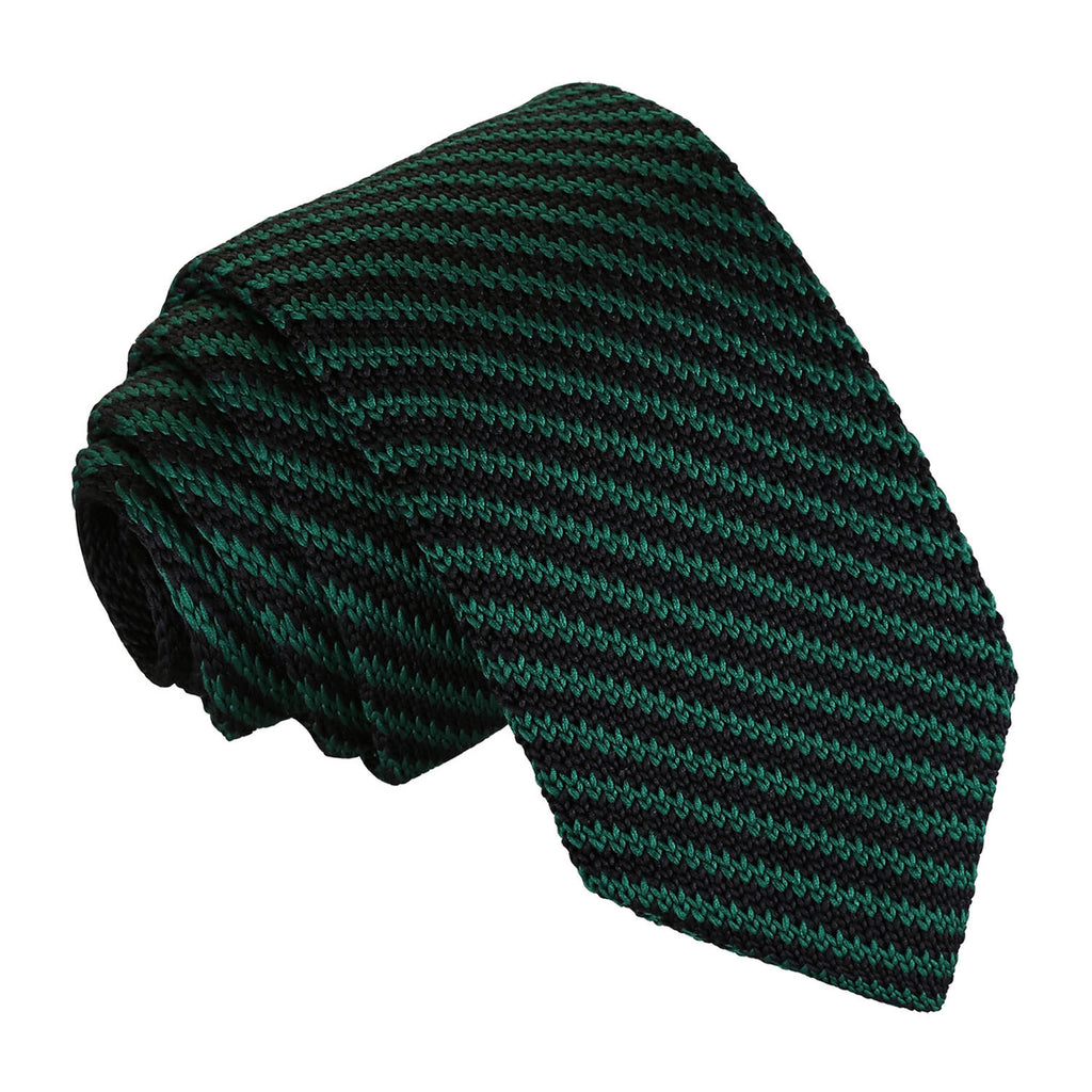 Black and Green Diagonal Stripe Knitted Slim Tie