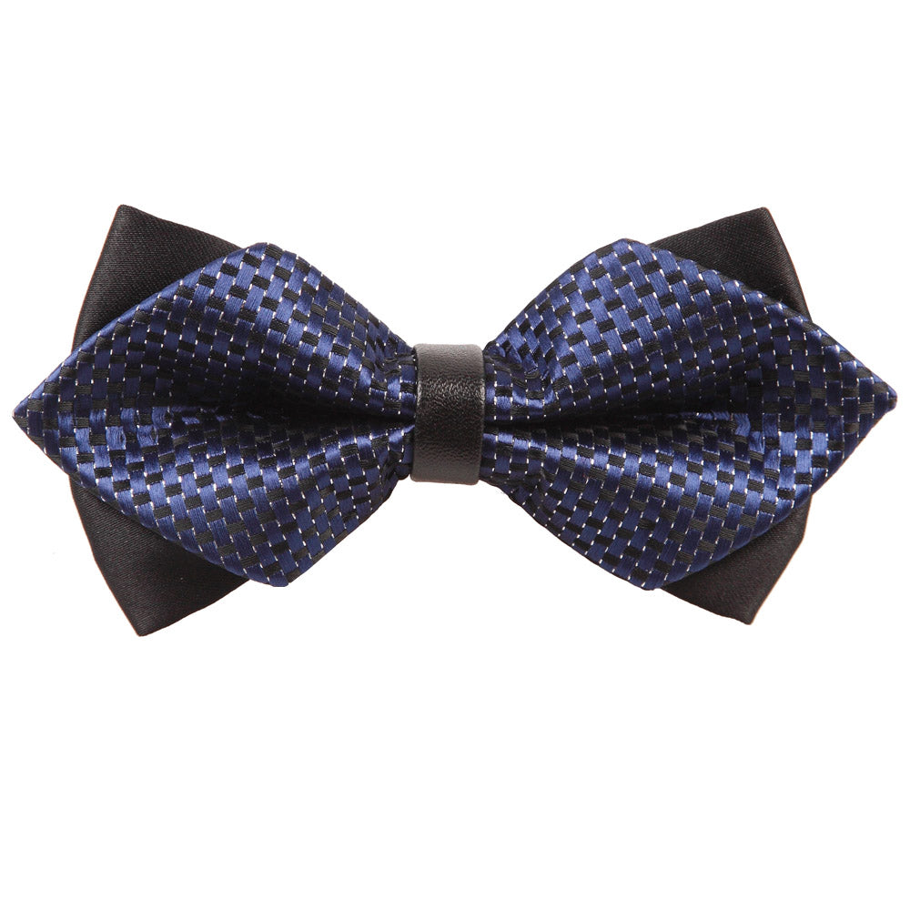 Checkered Navy Blue and Black Diamond Tip Pre Tied Bow Tie