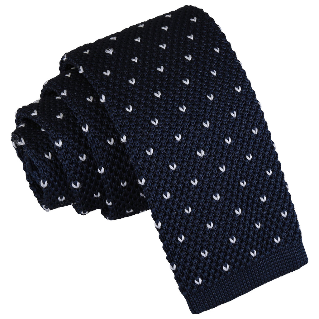 Midnight Blue Flecked V Polka Dot Knitted Skinny Tie