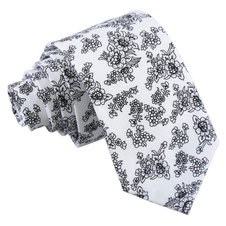 White Floral Daphne Cotton Slim Tie