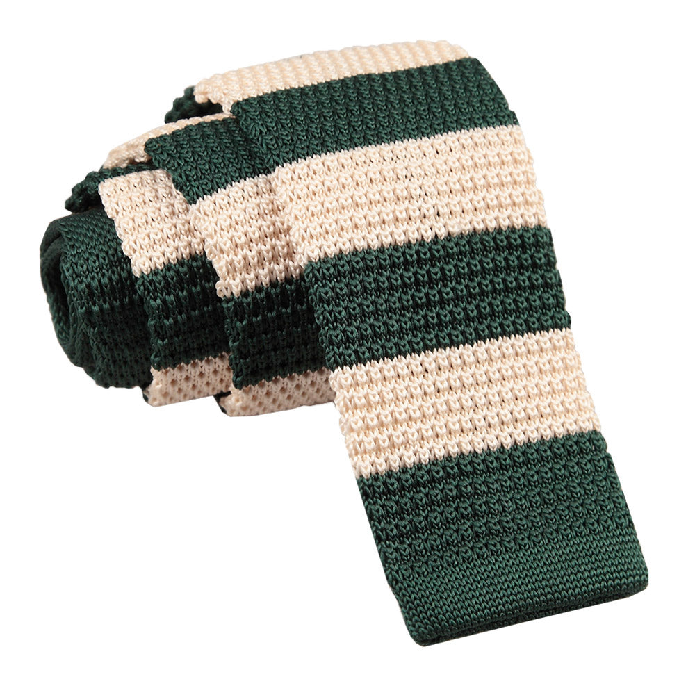 Green and Cream Knitted Striped Skinny Tie