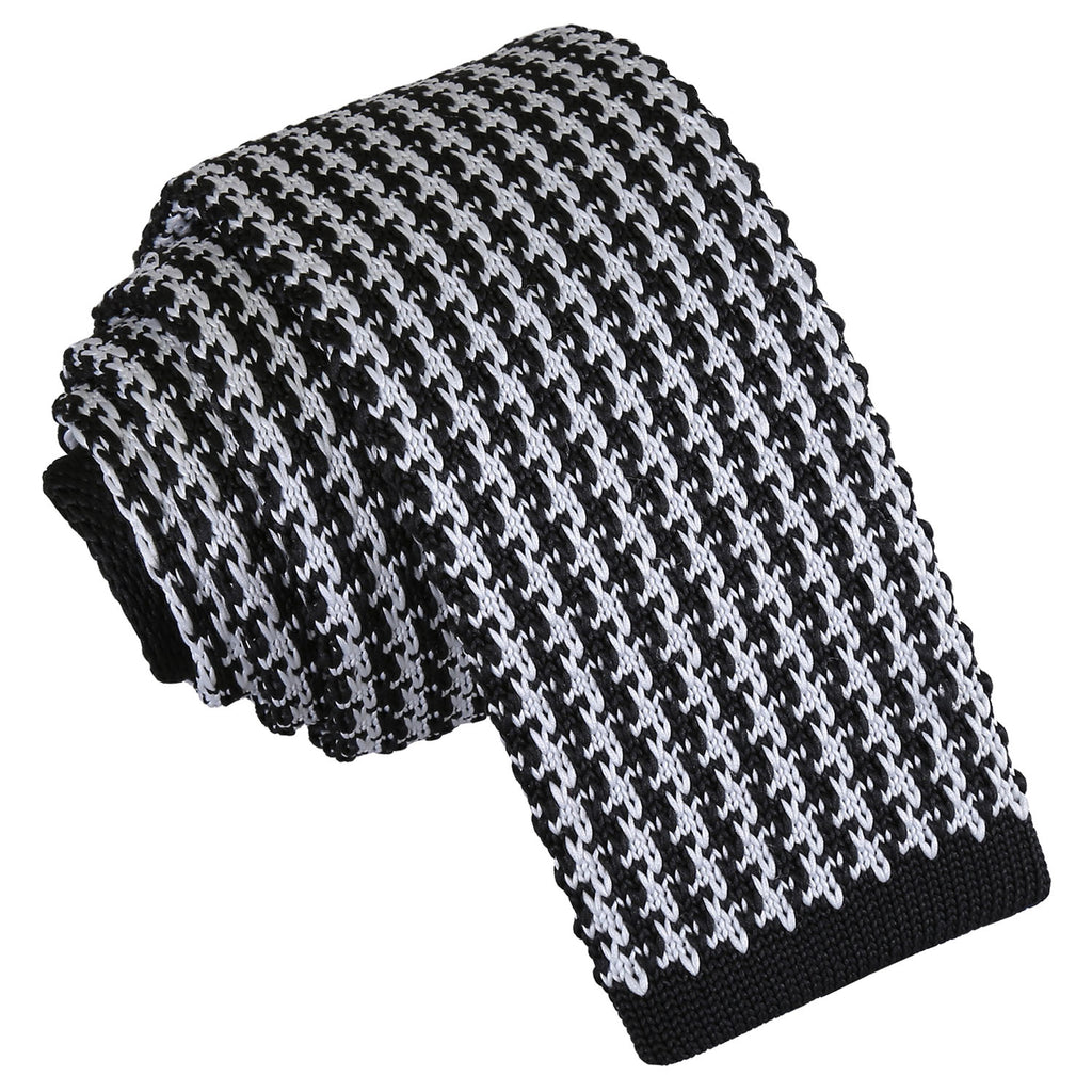 White and Black Houndstooth Knitted Skinny Tie