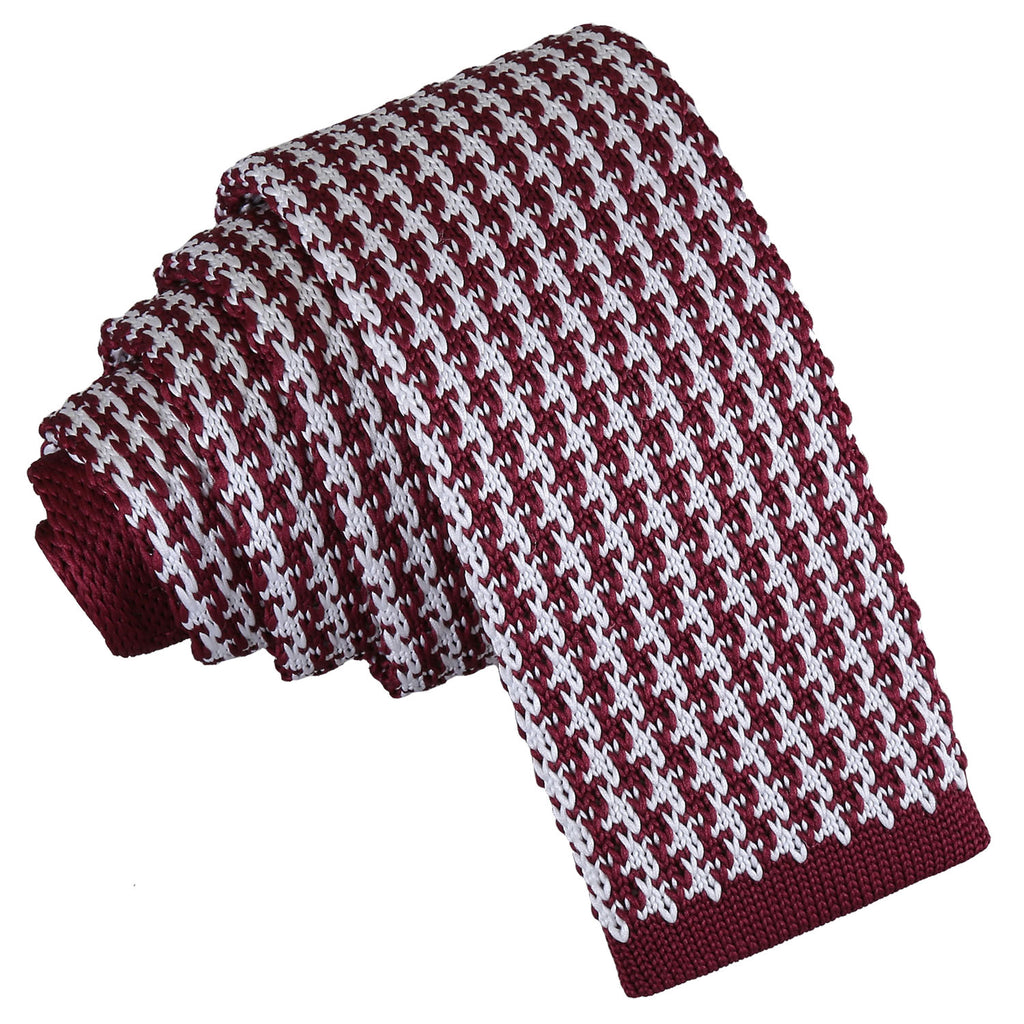 White and Burgundy Houndstooth Knitted Skinny Tie