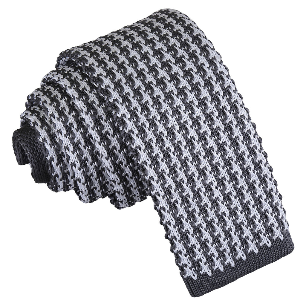 White and Grey Houndstooth Knitted Skinny Tie