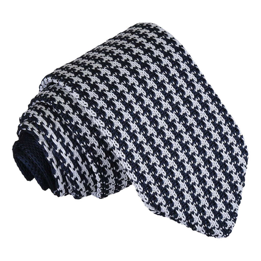 White and Navy Houndstooth Knitted Slim Tie