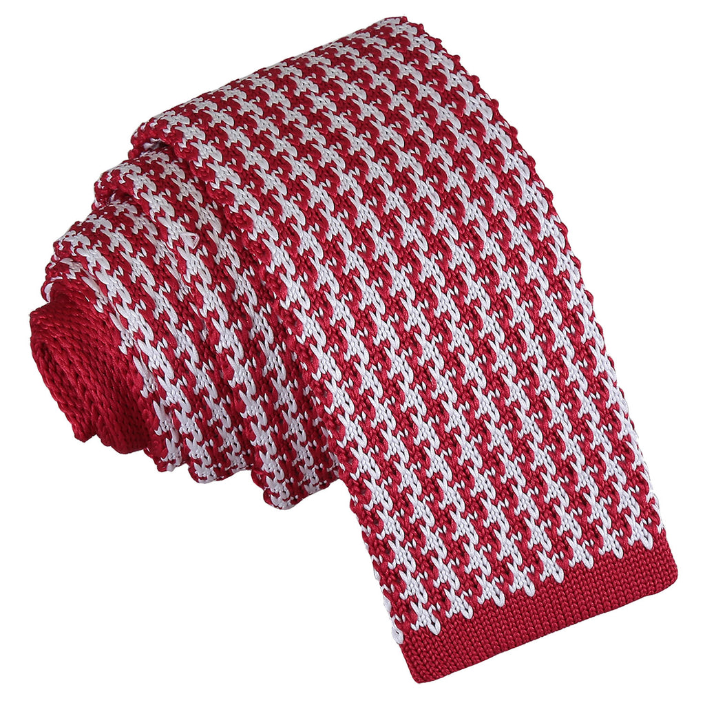 White and Red Houndstooth Knitted Skinny Tie