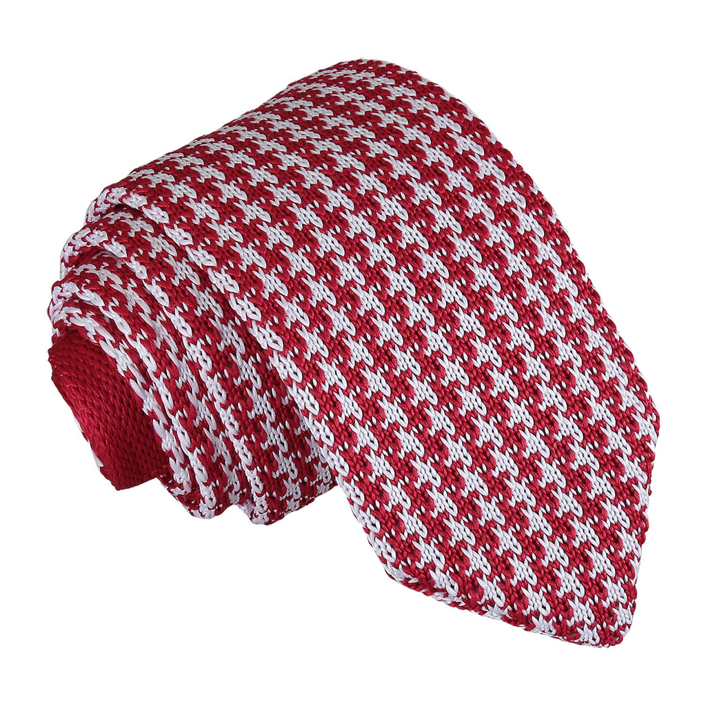 White and Red Houndstooth Knitted Slim Tie