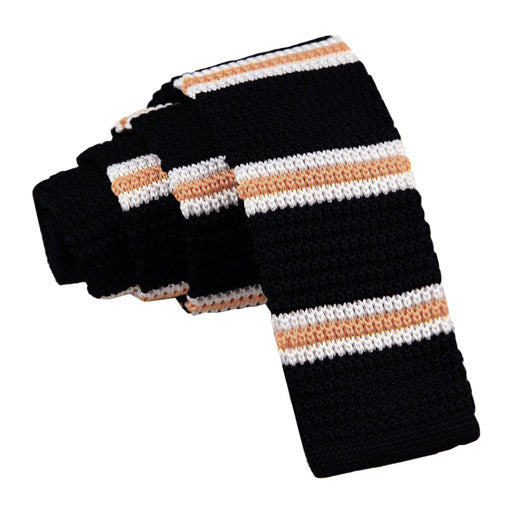 Knitted 3 Thin Stripe Skinny Tie - Knitted Navy with Yellow and White Thin Stripe - Well Dapper