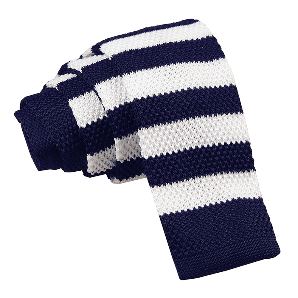 Knitted Striped Skinny Tie - Navy and Orange - Well Dapper