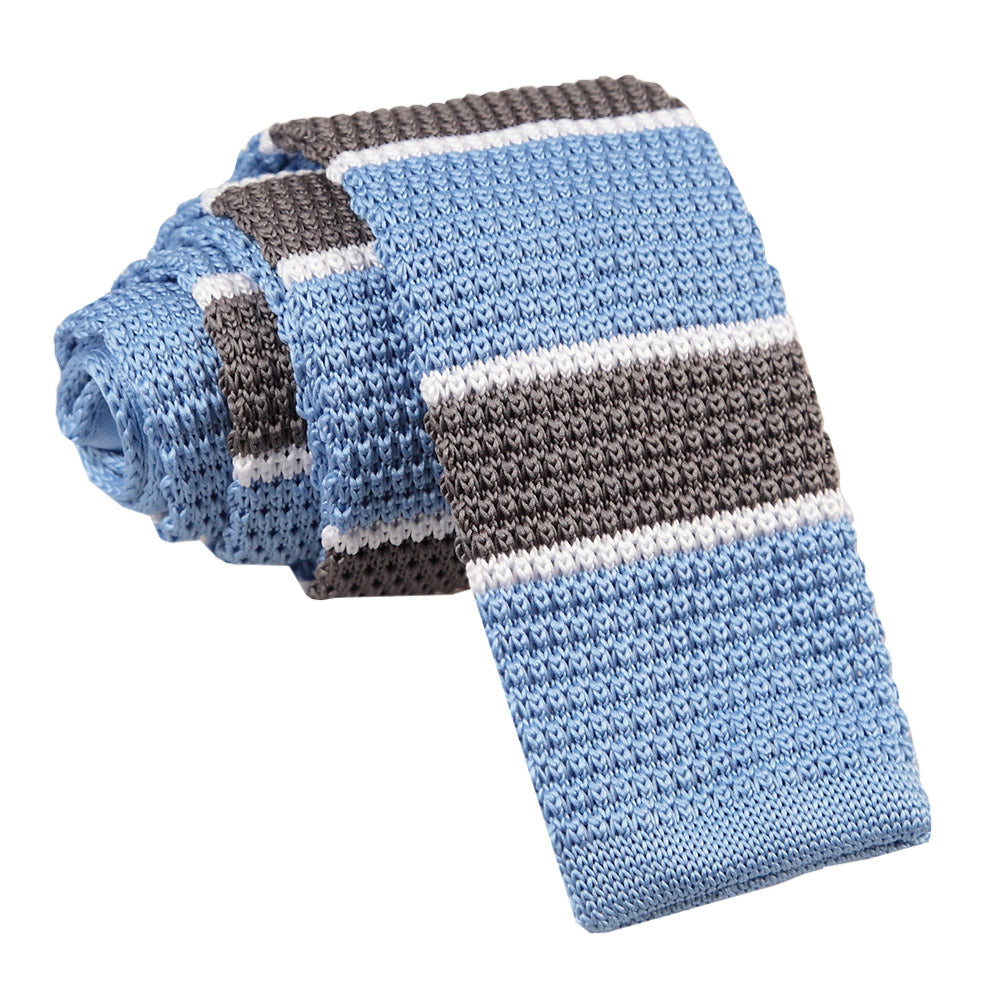 Knitted Light Blue Knitted Stripe with 2 Borders Skinny Tie