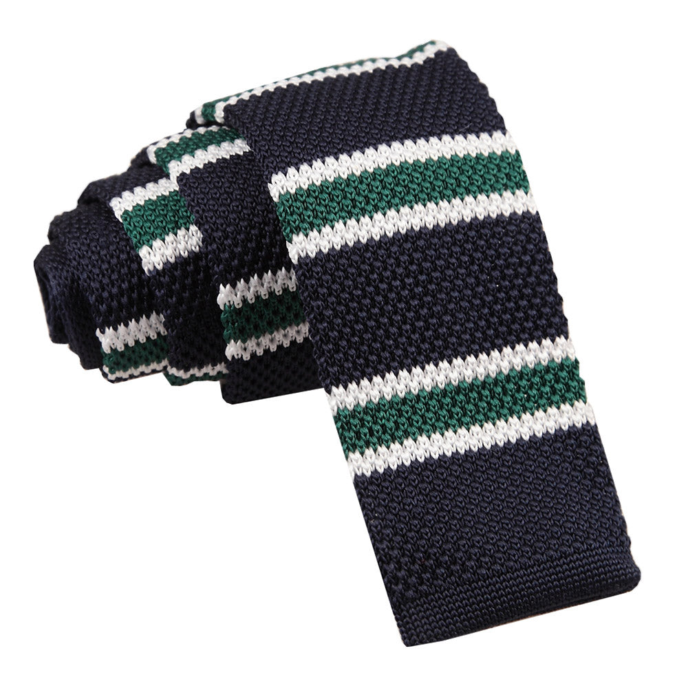 Knitted Stripe with 2 Borders Skinny Tie - Knitted Green, Navy with White Thin Stripe - Well Dapper