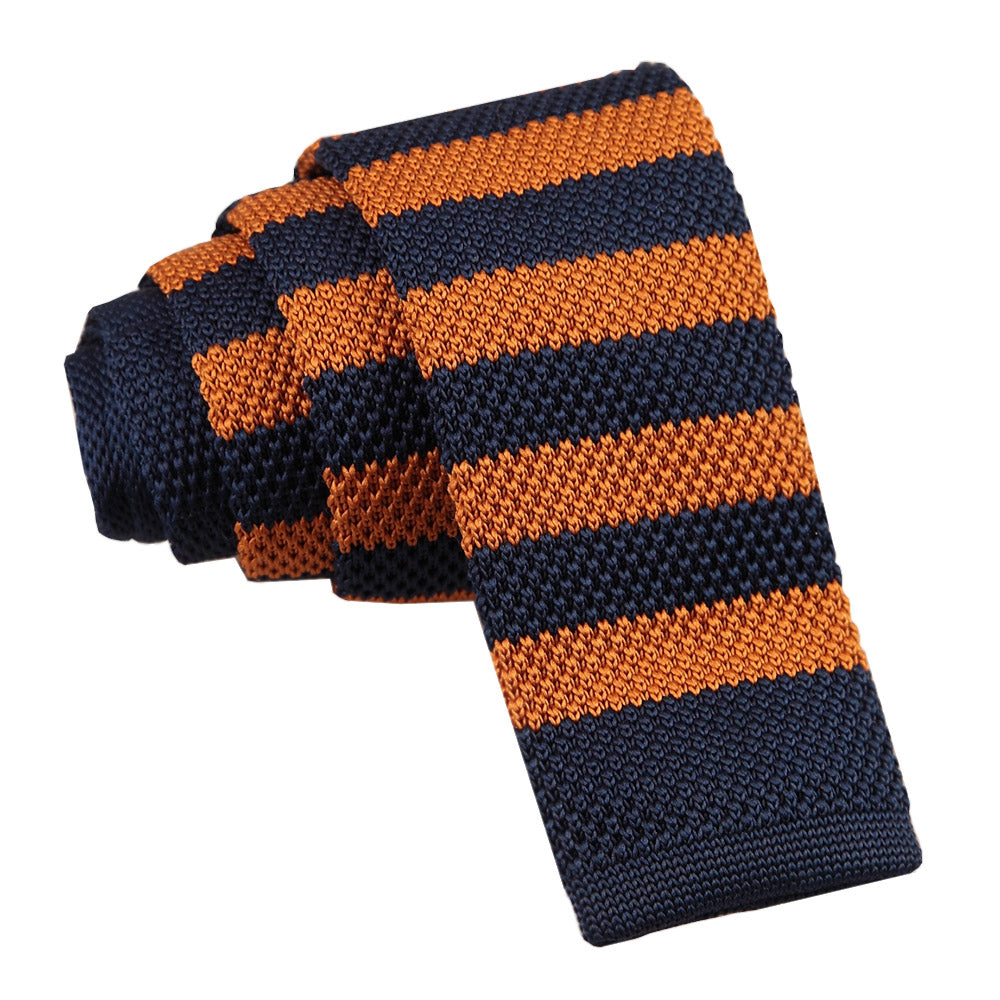 Navy and Orange Knitted Striped Skinny Tie