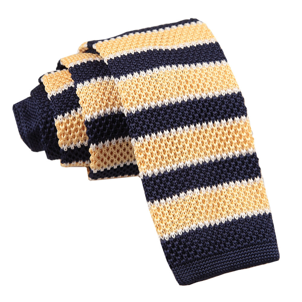 Knitted Stripe with 2 Borders Skinny Tie - Knitted Royal Blue, Cream with White Thin Stripe - Well Dapper