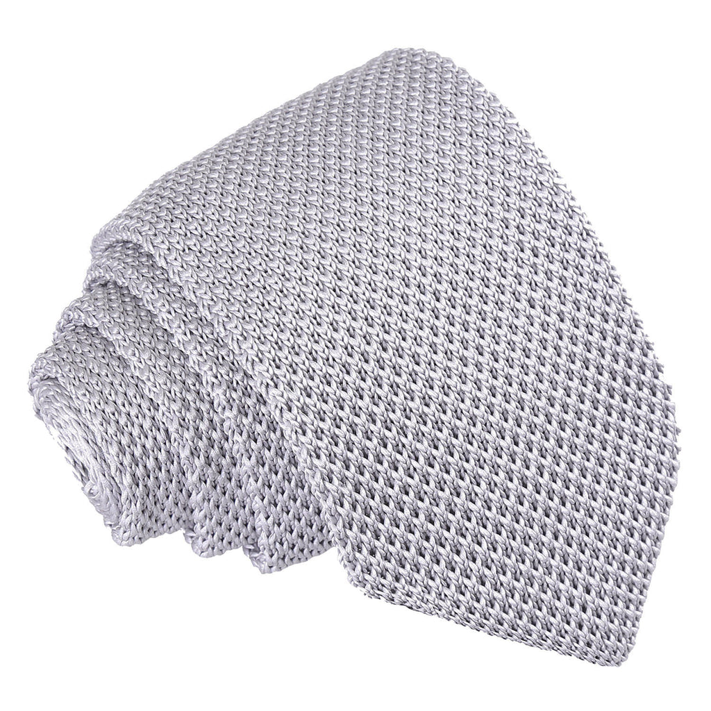 Silver Plain Knitted Slim Tie