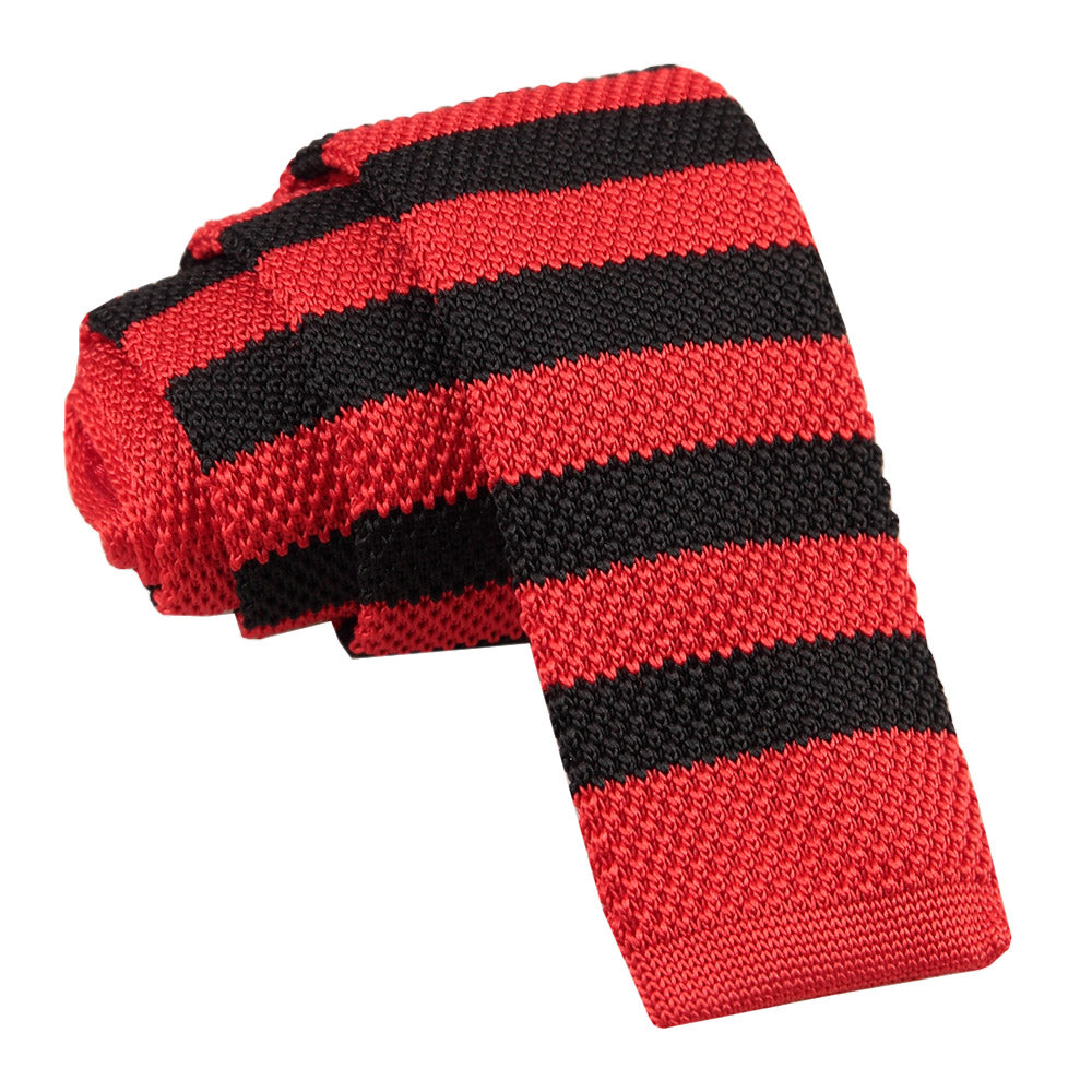 Red and Black Knitted Striped Skinny Tie