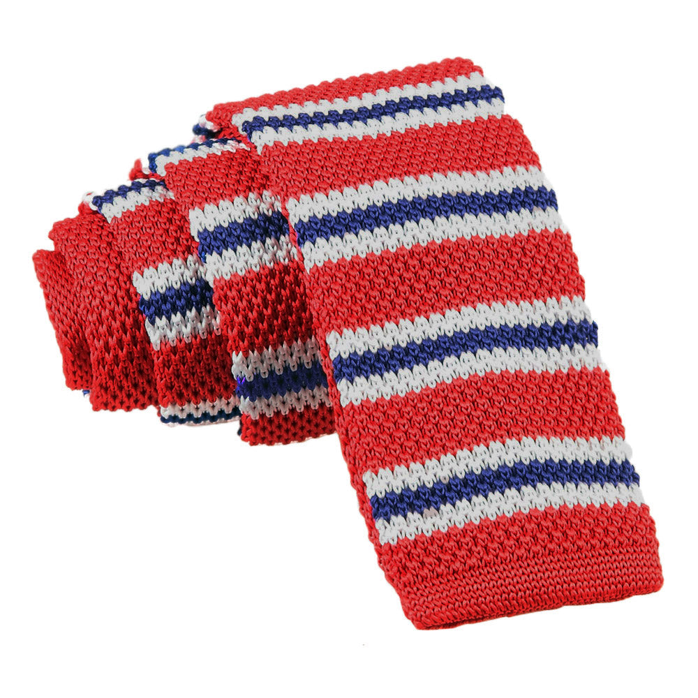 Knitted Red with Blue and White Thin Stripe Knitted 3 Thin Stripe Skinny Tie