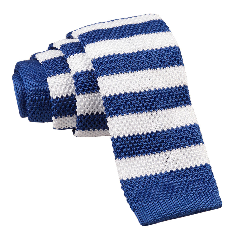 Royal Blue and White Knitted Striped Skinny Tie