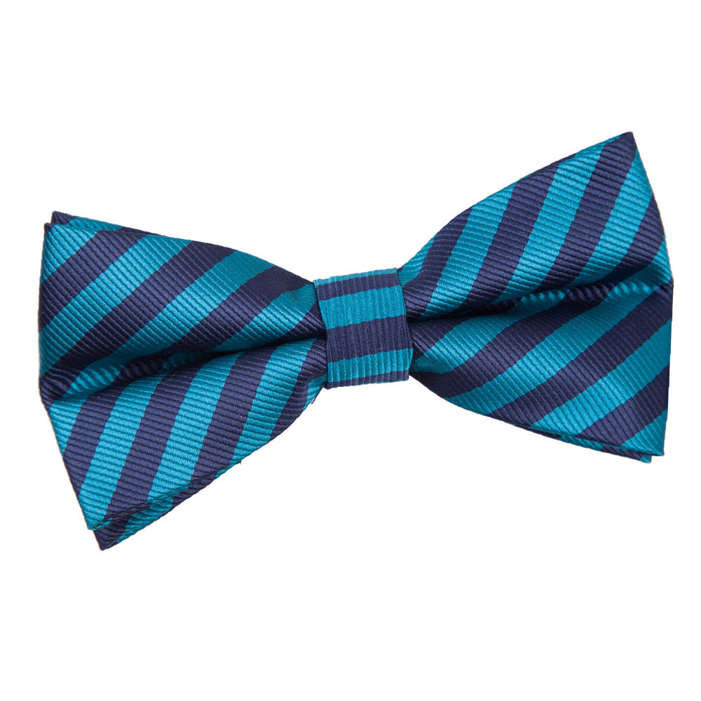 Thin Stripe Pre-Tied Bow Tie - White and Teal - Well Dapper