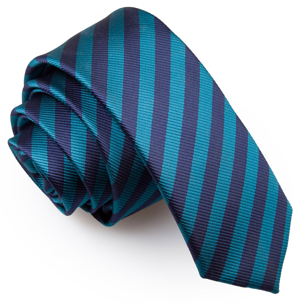 Navy Blue and Teal Thin Stripe Skinny Tie
