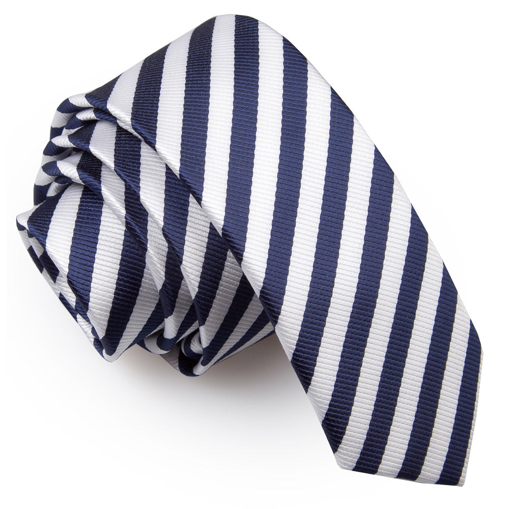 White and Navy Blue Thin Stripe Skinny Tie