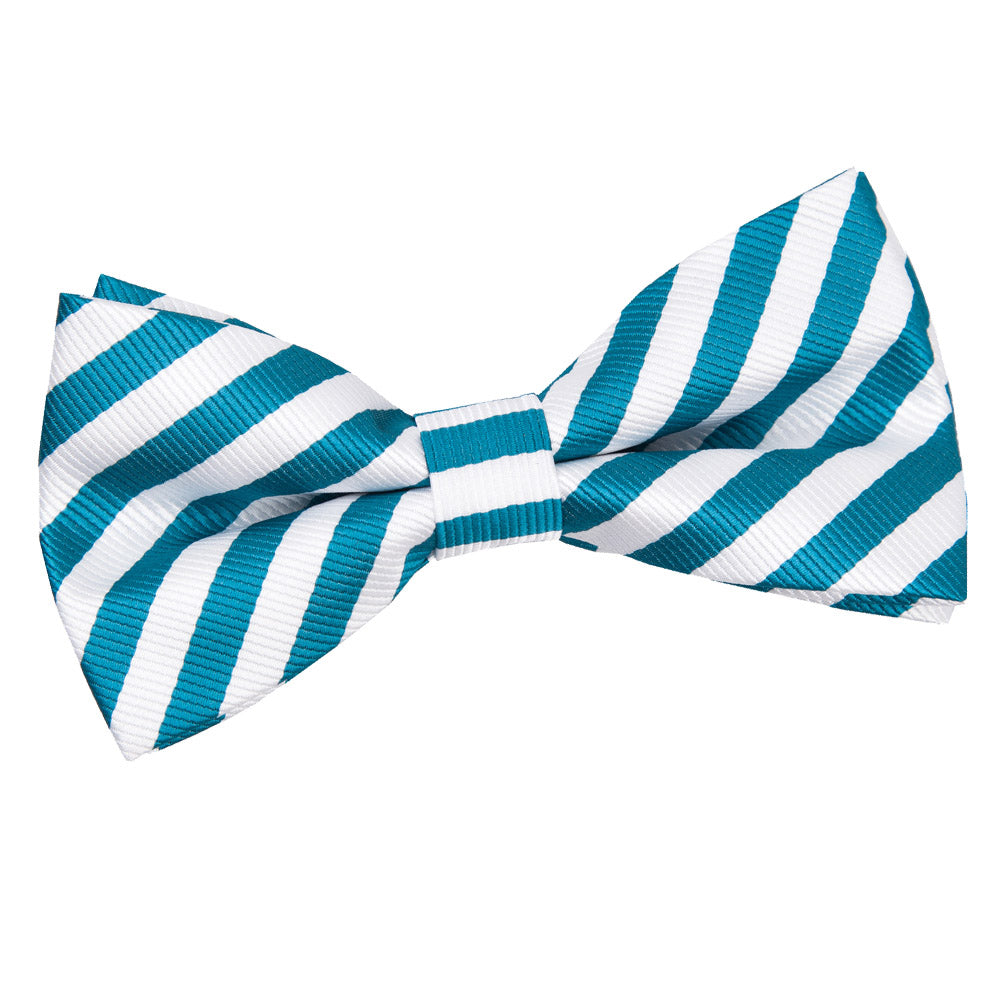 White and Teal Thin Stripe Pre Tied Bow Tie